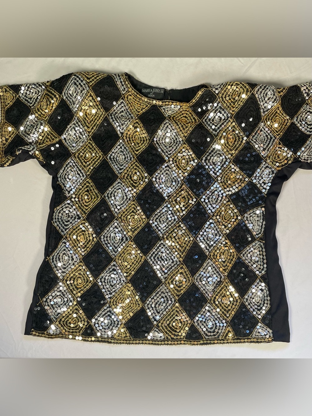 Vintage 80s 90s Mark & John II Beaded Sequin Harlequin Blouse Black Gold Medium